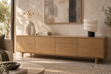 Mobile del soggiorno in legno con vaso Velar, libri e lampada Aria