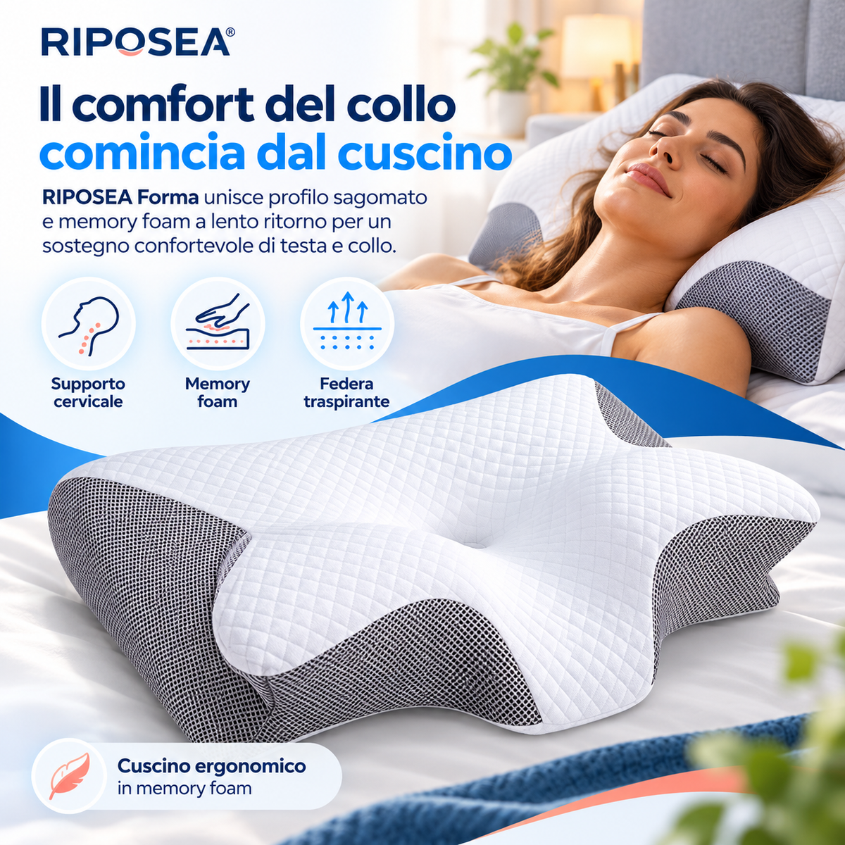 RIPOSEA Forma - Cuscino Cervicale Ergonomico in Memory Foam