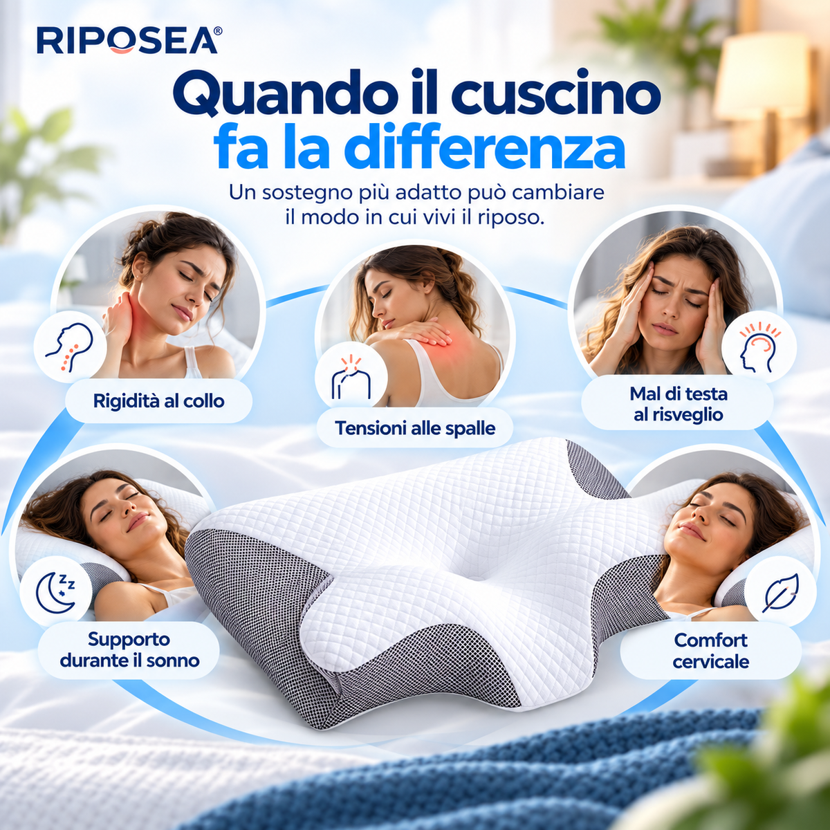 RIPOSEA Forma - Cuscino Cervicale Ergonomico in Memory Foam