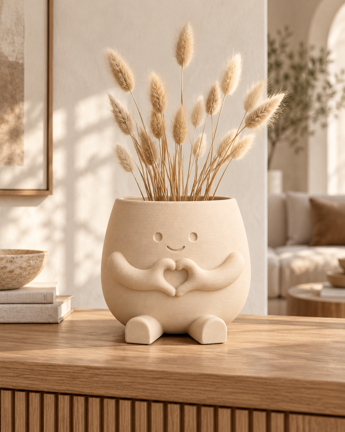 Amico beige con fiori secchi su una console in legno - immagine illustrativa