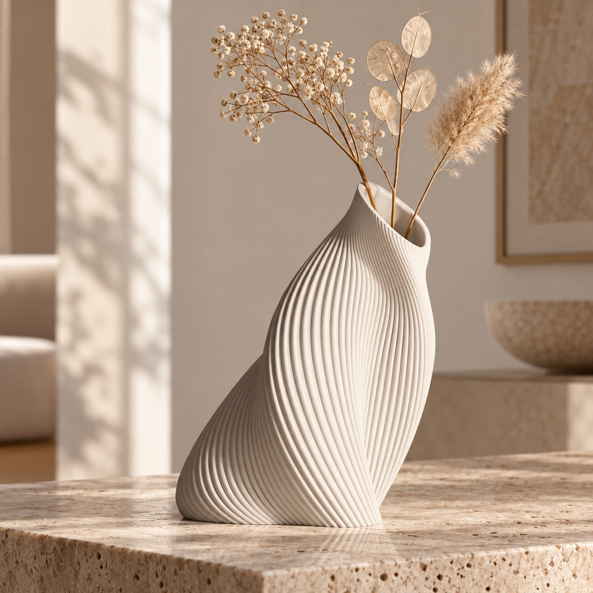 FLUVA Bianco, altezza prevista 35 cm, composizione di fiori secchi - visualizzazione illustrativa