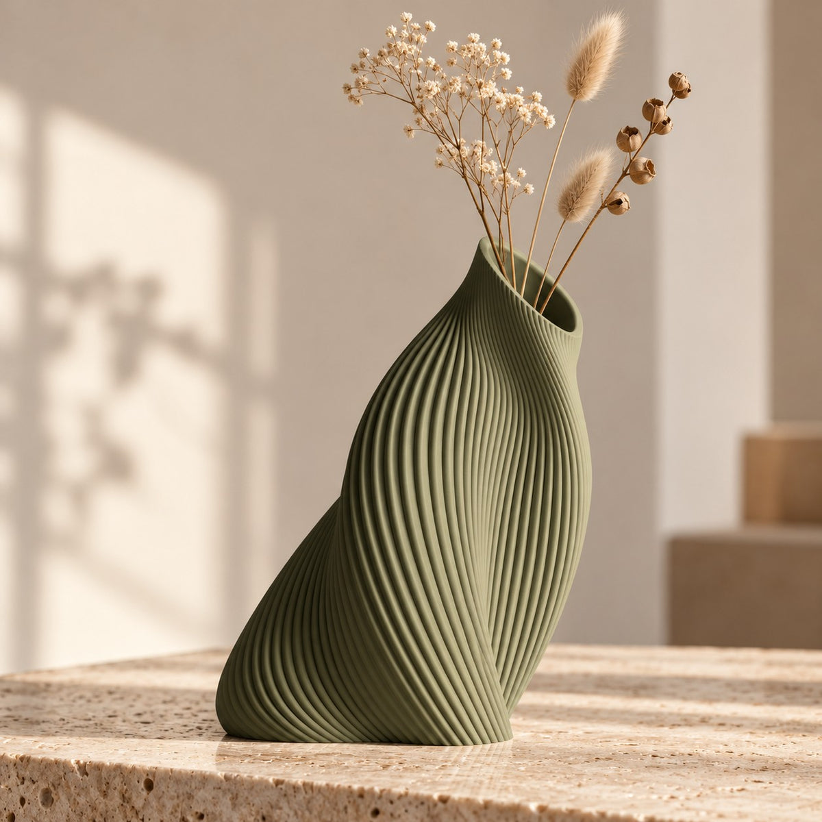 FLUVA Verde oliva, altezza prevista 35 cm, composizione di fiori secchi - visualizzazione illustrativa
